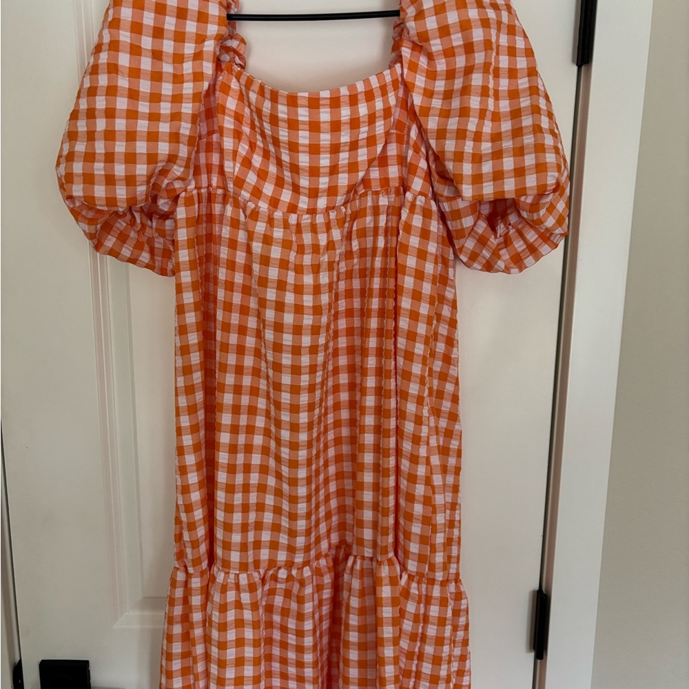 Orange Gingham Puff Sleeve Dress - Picture 2 of 6